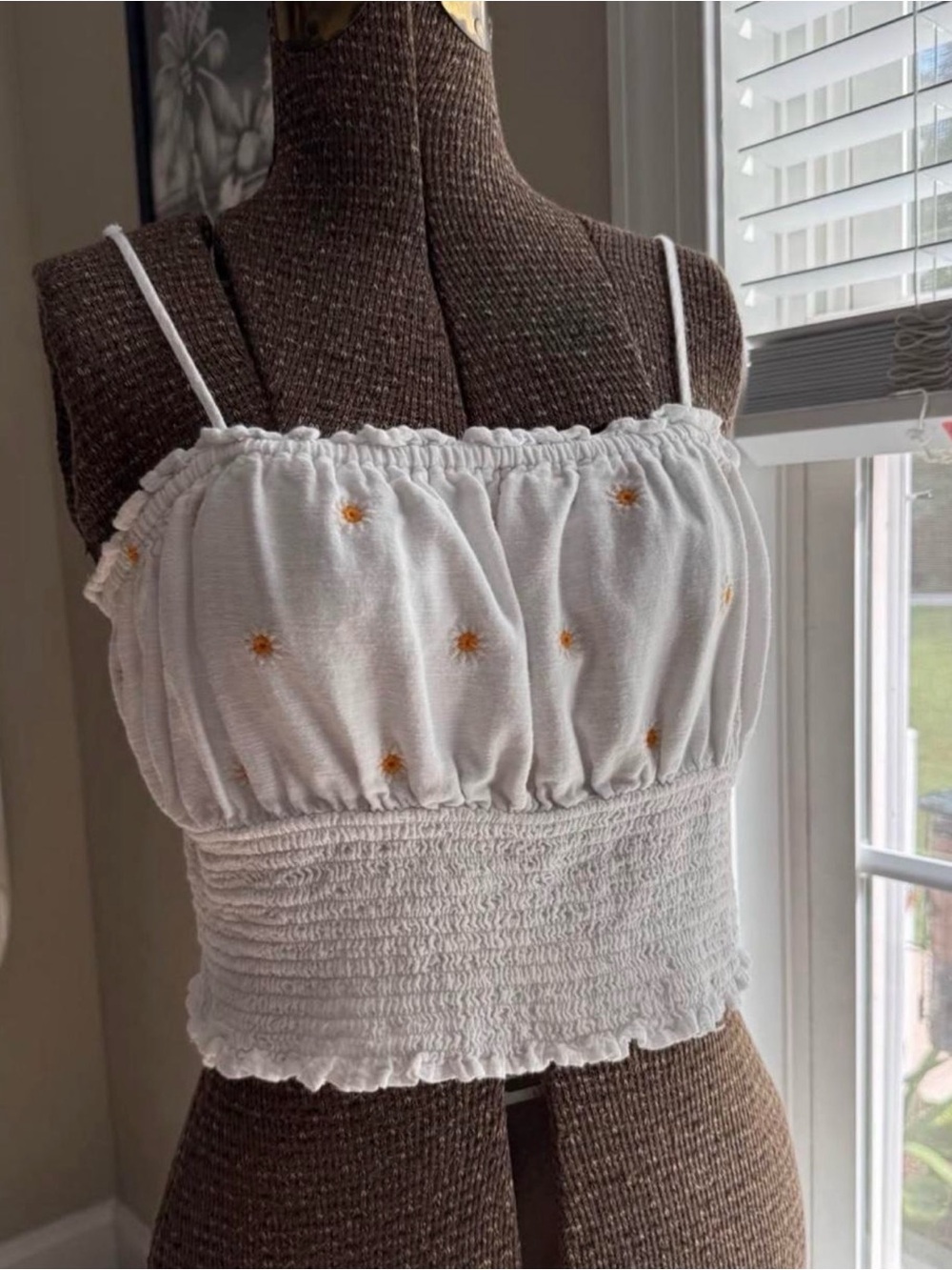 American Eagle Outfitters White Smocked Daisy Crop Top